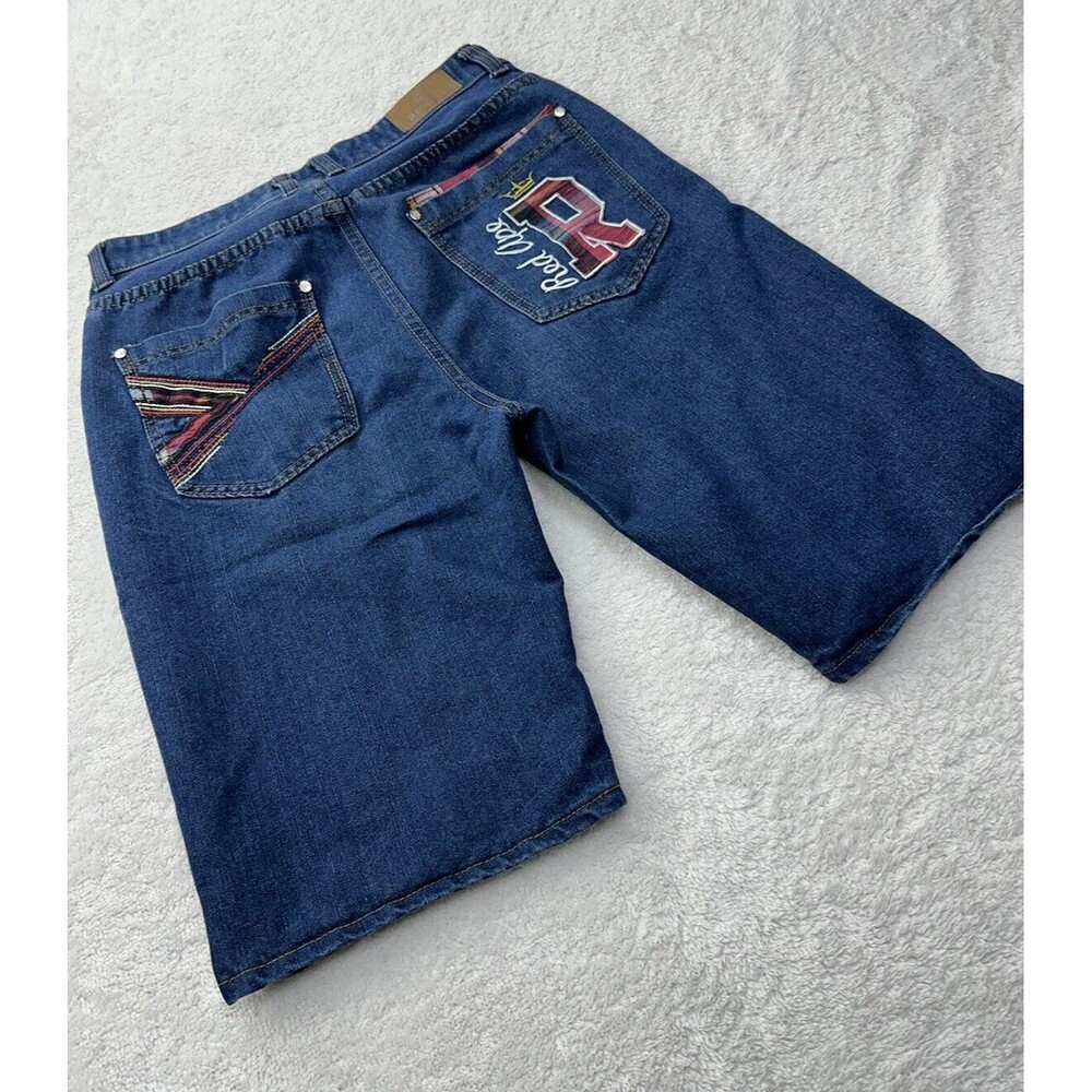 Red Ape Shorts Mens 34 Blue Denim Embroidered Jeans Baggy Skater Y2K Grunge King